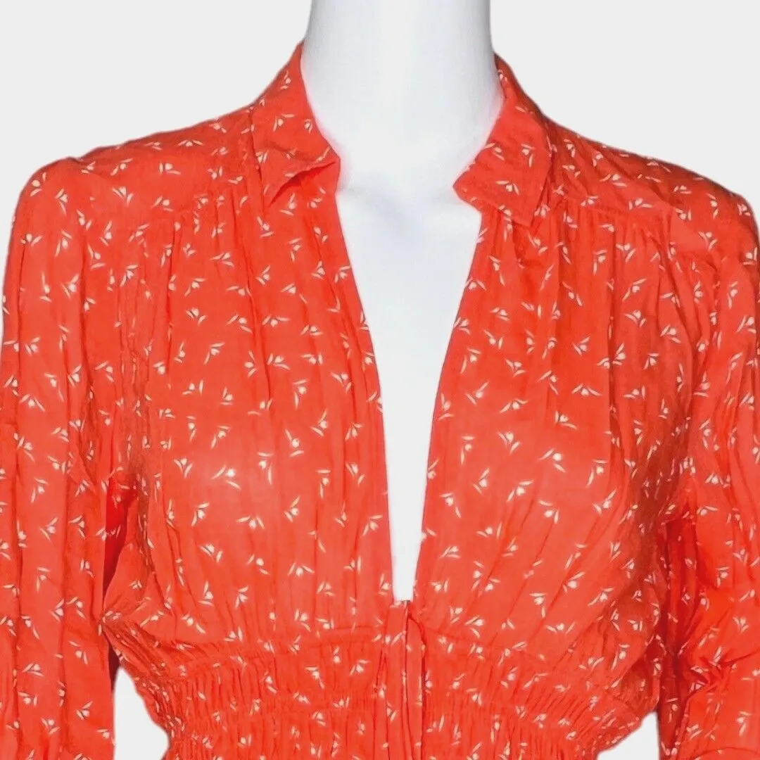 Free People Shirt Women Extra Small Orange White Floral Colette Bohemian Peasant - Image 5