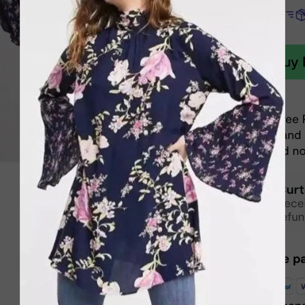 Free People Tate High Neck Tunic/Mini Dress in Navy Floral Combo sz small - Image 7