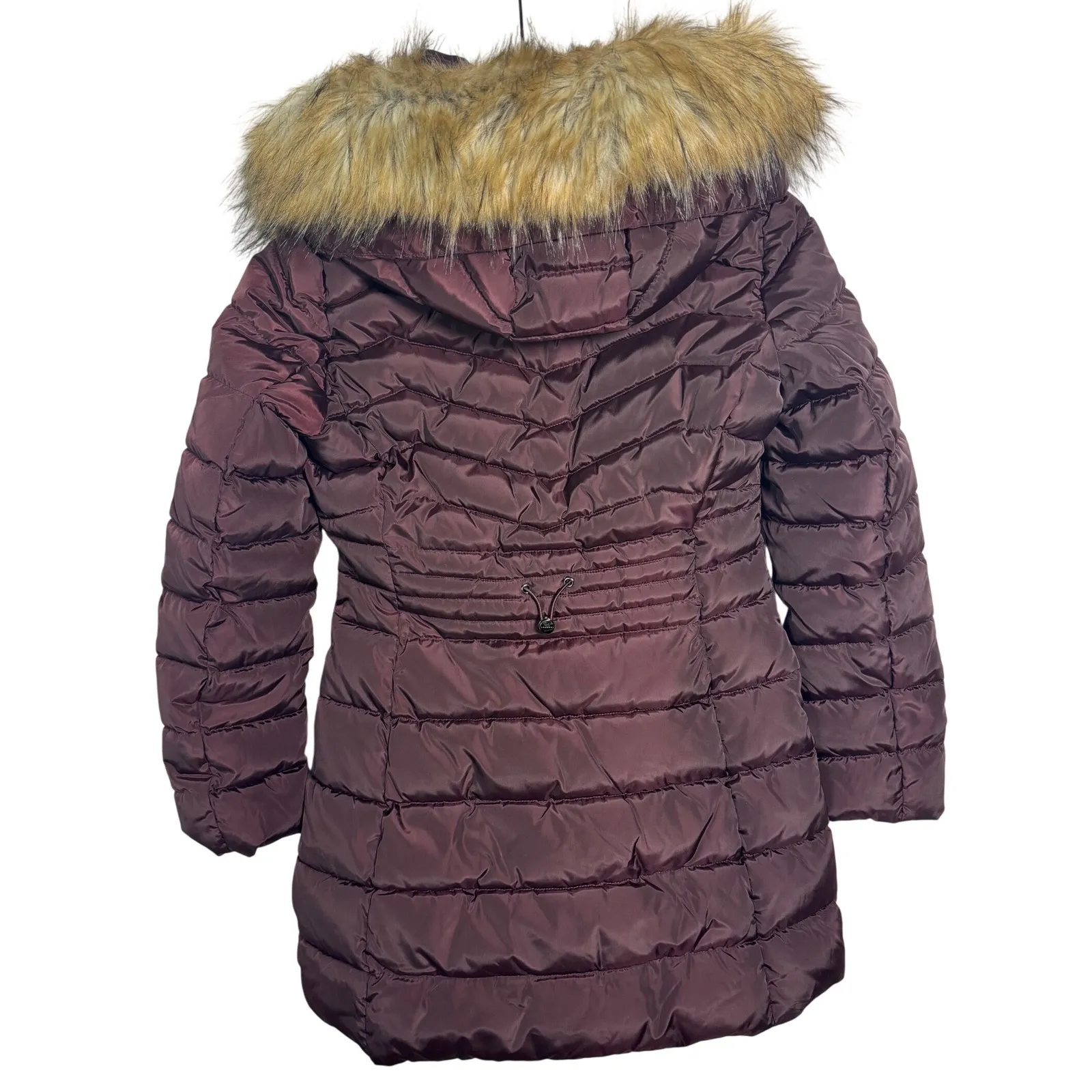 Laundry by Shelli Segal Puffer Coat Faux Fur Hood Burgundy Size Small - Image 5