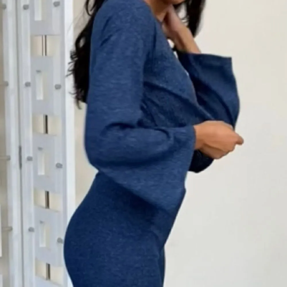 ‎Ribbed Fleece Comfy Casual Cropped Top Blue Size M - Image 9