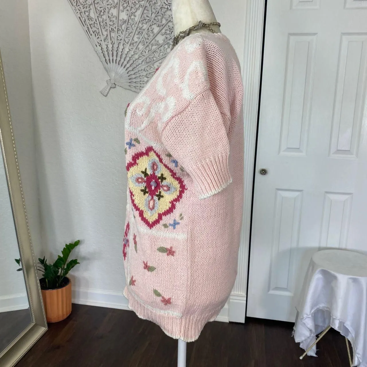 Vintage Light Blush Pink Boho Coquette Knitted Knit Shortsleeve Sweater Top M Size M - Image 5