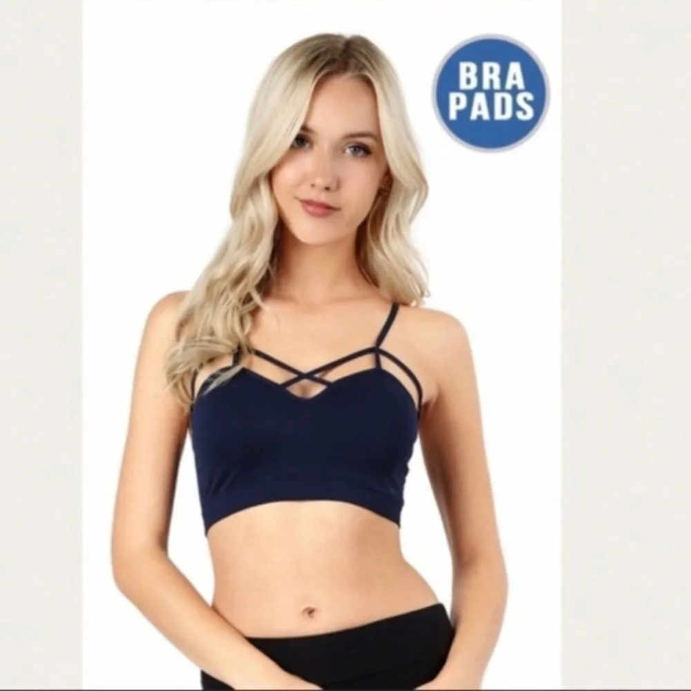 Navy Blue Strappy Padded Wire-Free Bra Size Small/Medium - Image 3
