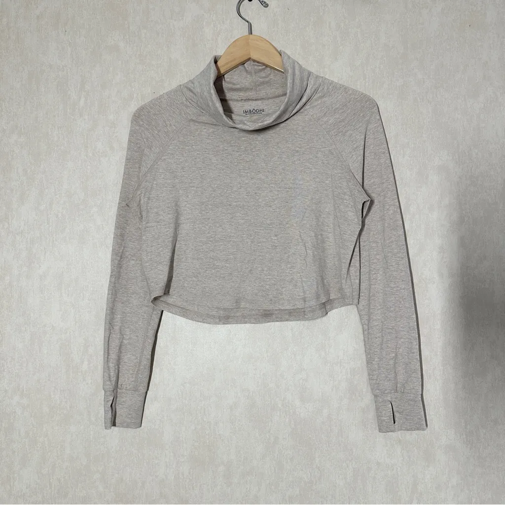 Imbodhi Women’s Turtleneck Top Shirt Longsleeve Cropped Thumbhole in Oatmeal S - Image 3