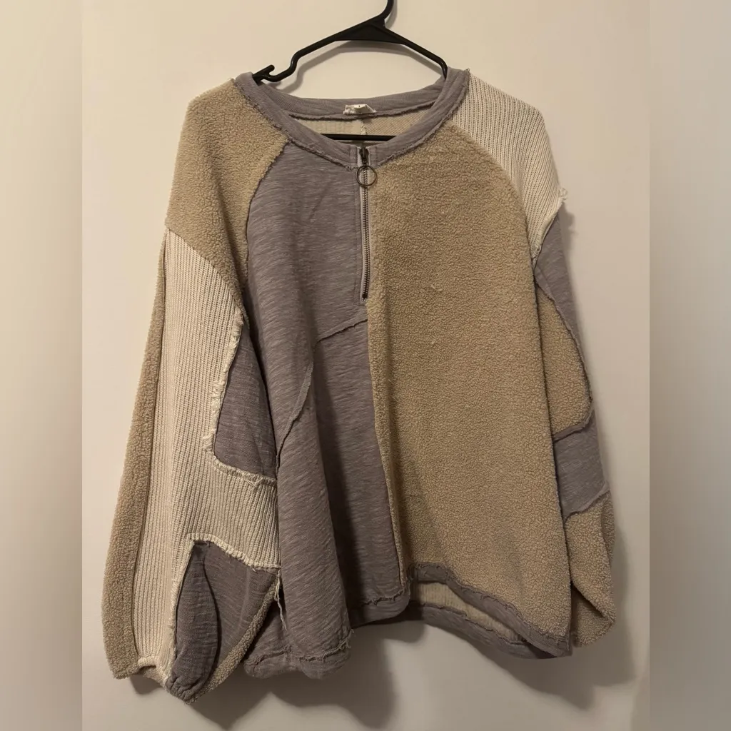 POL Beige and Gray Textured Zip-Up Sweatshirt. Oversized large - Image 2