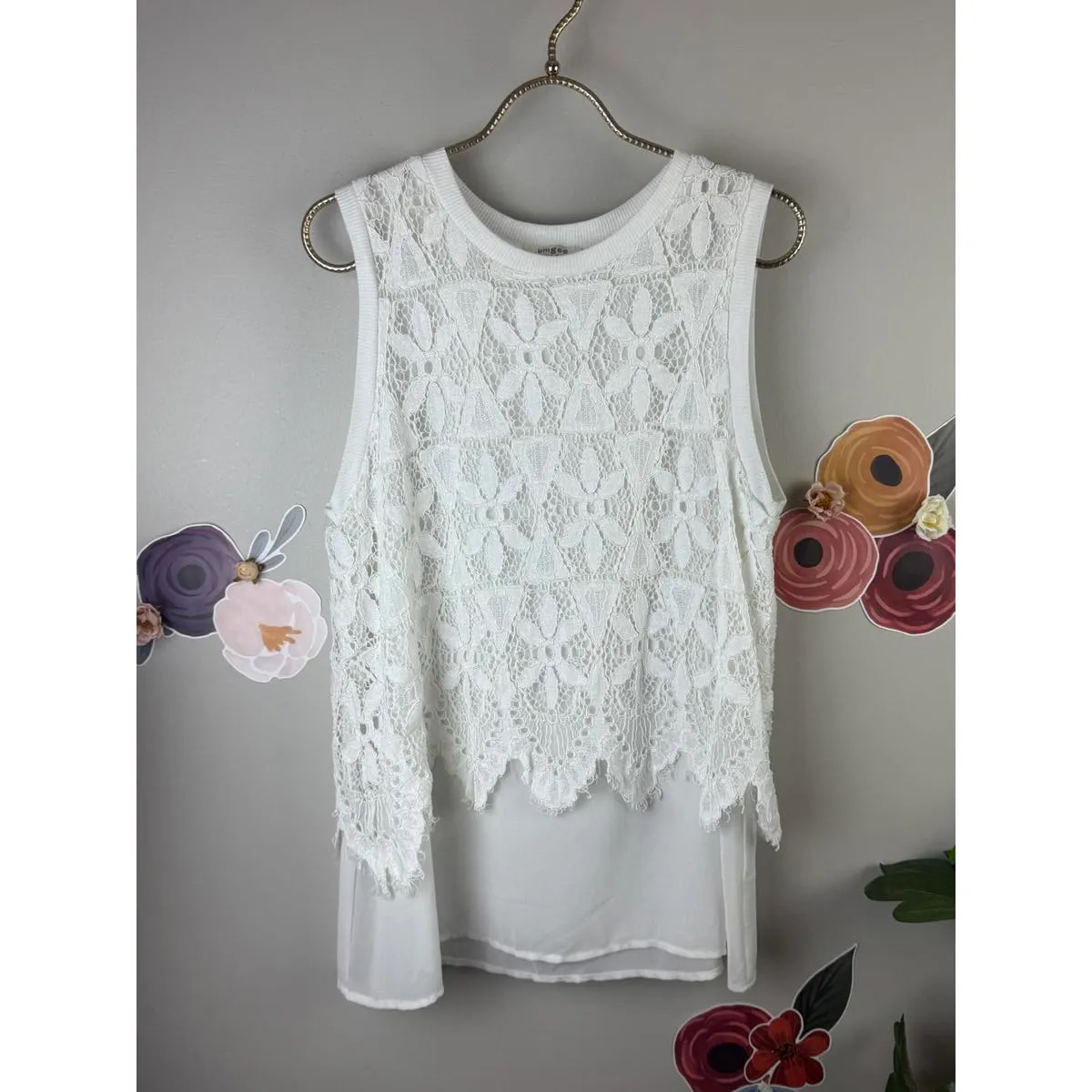 Umgee White Lace Overlay Tank Blouse - Size - Large - Image 5