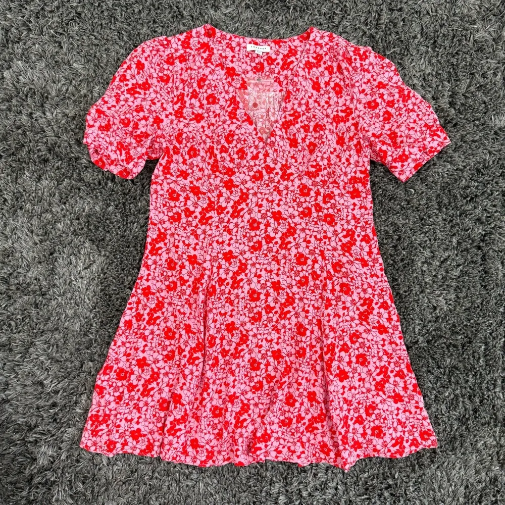 Topshop V-Neck Mini Tea Dress in Pink and Red Floral, Size 12​​​ - Image 4