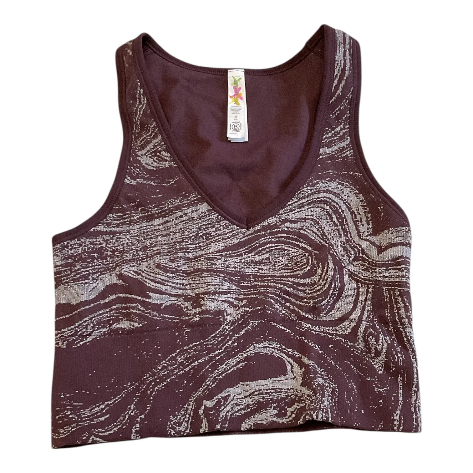 Athleta Aurora Seamless Shine Tank Burgundy Swirl Print V-Neck Crop Top XS - Image 3
