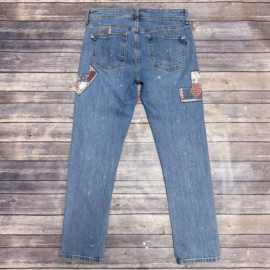 Pilcro Medium Wash Patchwork Splatter Slim Boyfriend Mid Rise Jeans 27 Blue Red - Image 5