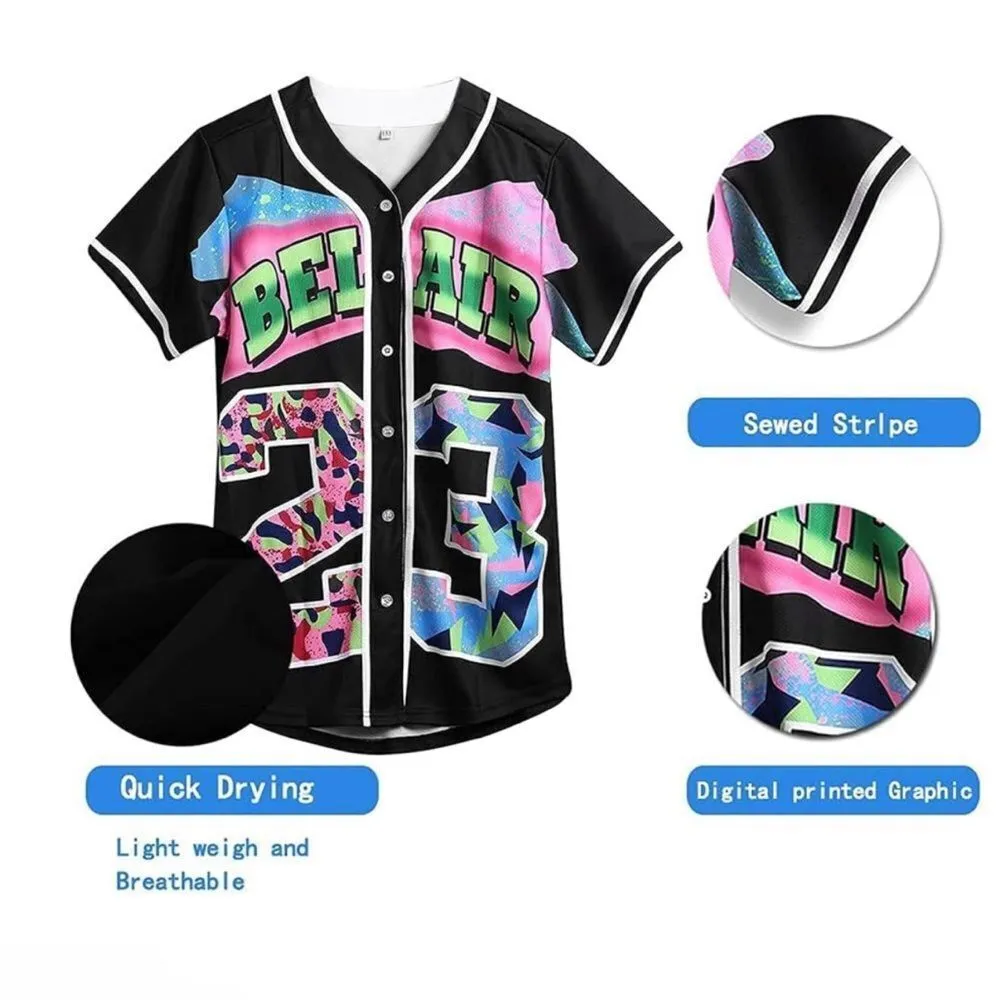 90s Baseball Jersey women’s men’s Hip Hop Unisex’s Bel Air Black. - Image 2