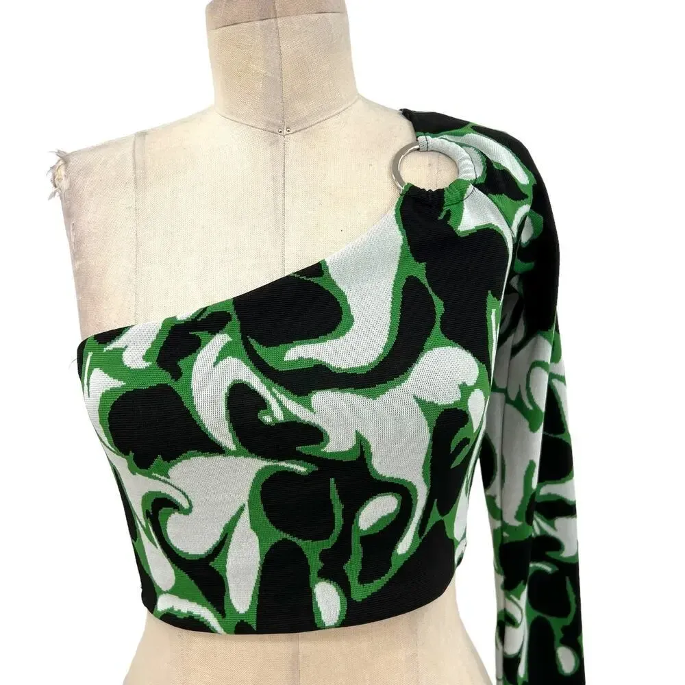 Zara Jacquard Asymmetric‎ One Shoulder Crop Top Ring Detail Black Green Small - Image 4