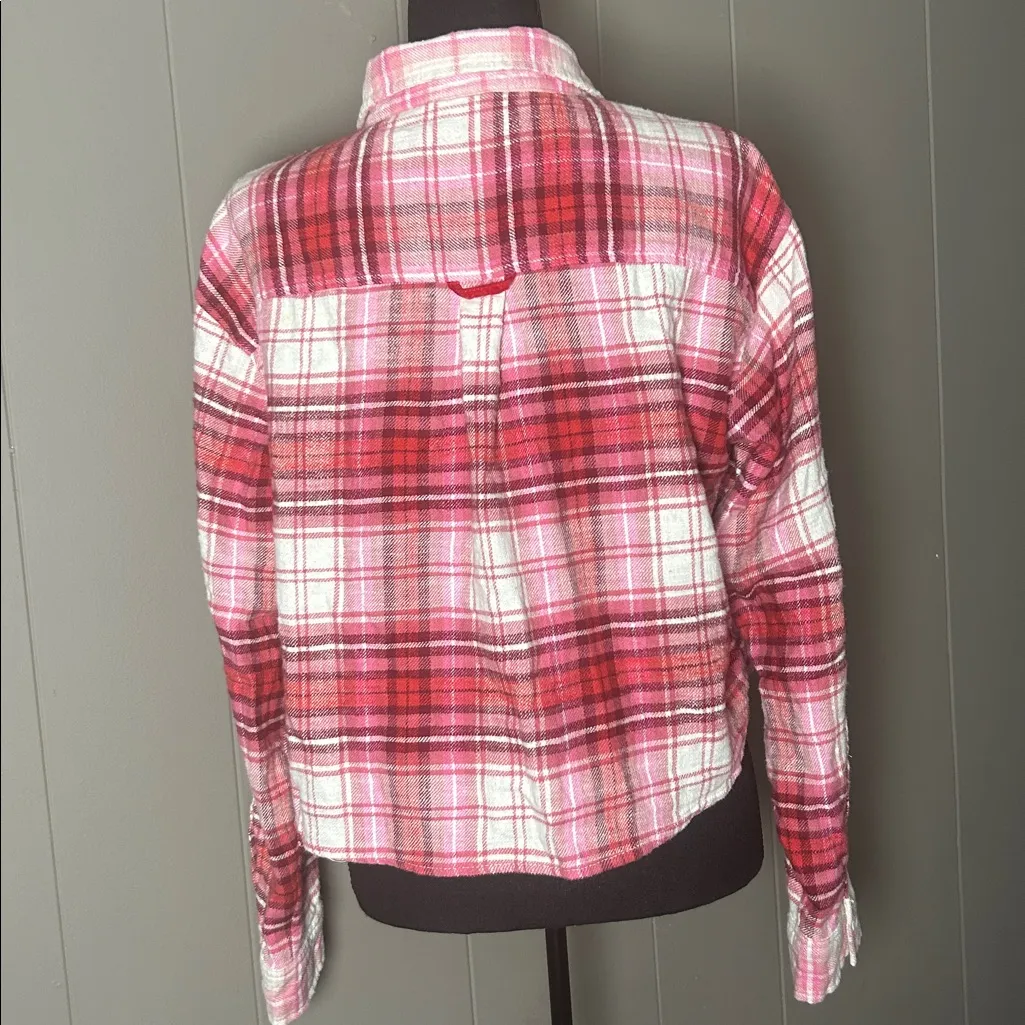American Eagle Cropped Flannel Shirt Women's Size S AEO Pink Plaid Button Up - Image 4