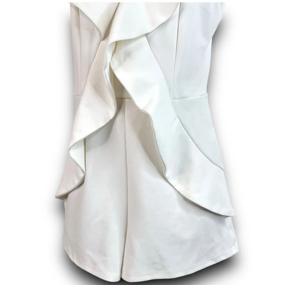 LUXXEL White Ruffle Romper One Piece Shorts Outfit Jumper Flutter Sleeves Small - Image 3