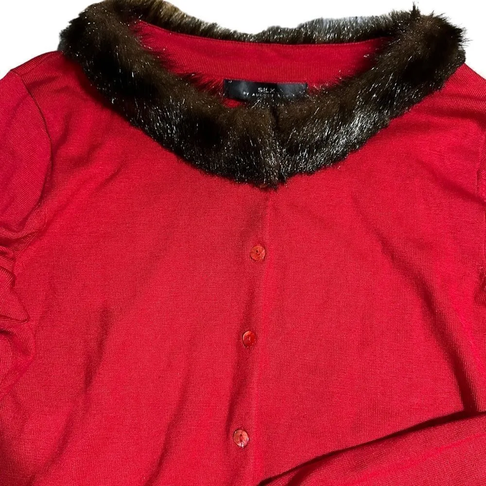 SILX By August Silk Red Fur Lined Cardigan Top Size Medium - Image 5