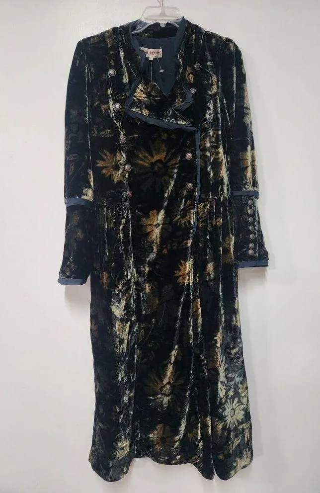 Free People Hazel Duster Velvet Coat Floral Print Black Gold Brown Lined M  H - Image 5