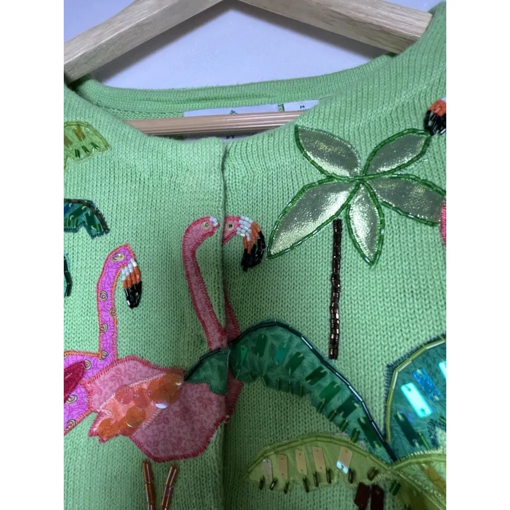 Design Options Vtg Phillip & Jane Gordon Green Flamingo Sequin Cardigan Wmn Sz M Size M - Image 5