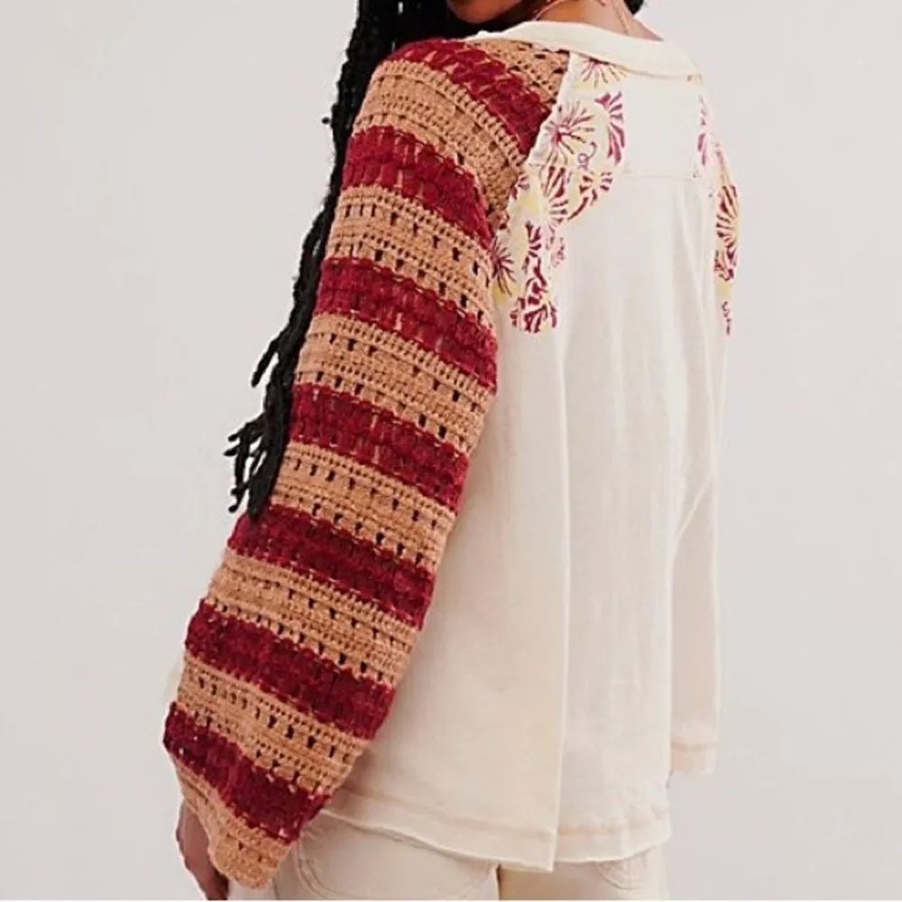 Free People Festival Ready Tee Crochet Sleeve Cream & Rust Knit Top Size Large - Image 6