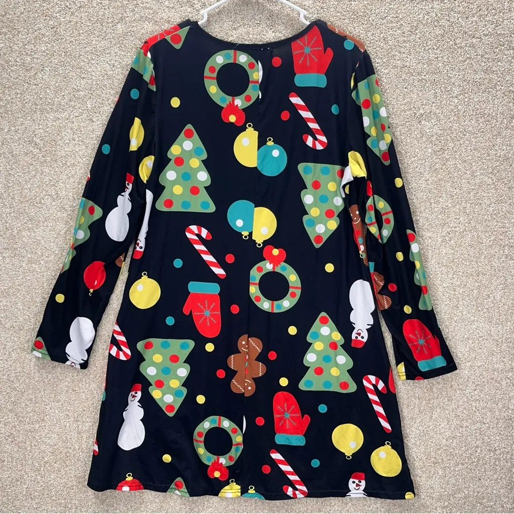 Imperfect Festive Holiday Print Dress size large long sleeved stretchy Black - Image 16