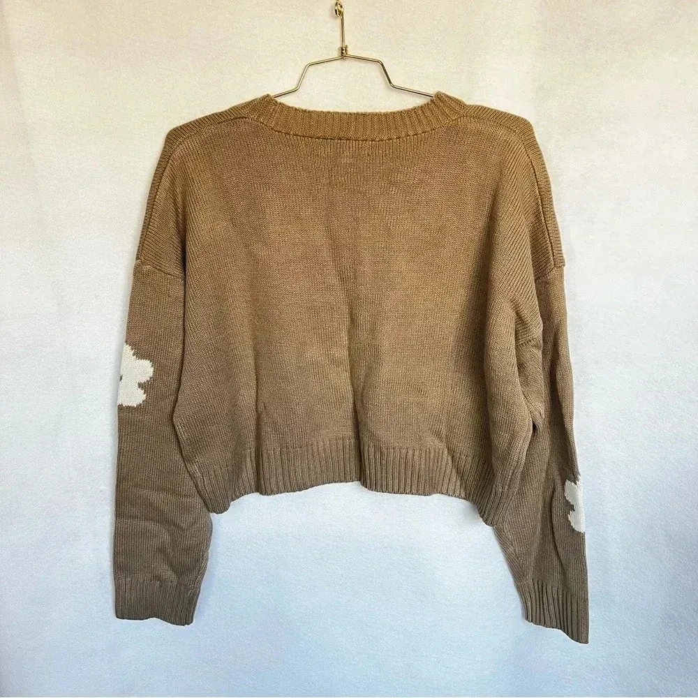 Cardigan Sweater Floral Knitted Oversized Boxsy Waist Length Khaki Brown - Image 6