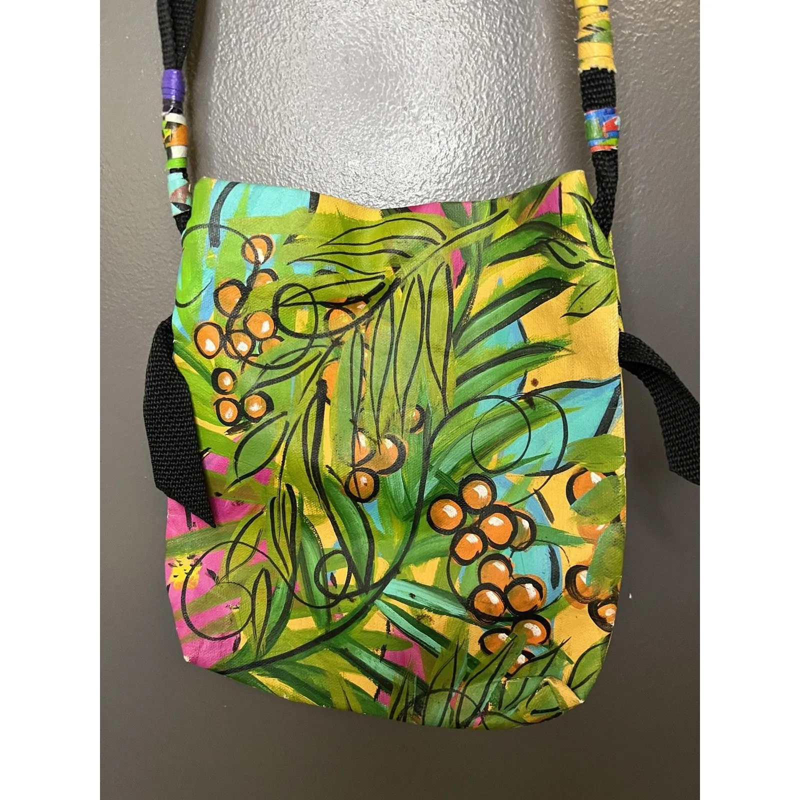 Linda Rovolis Crossbody Bag Womens Small Multicolor Canvas Tropical Hand Painted - Image 3