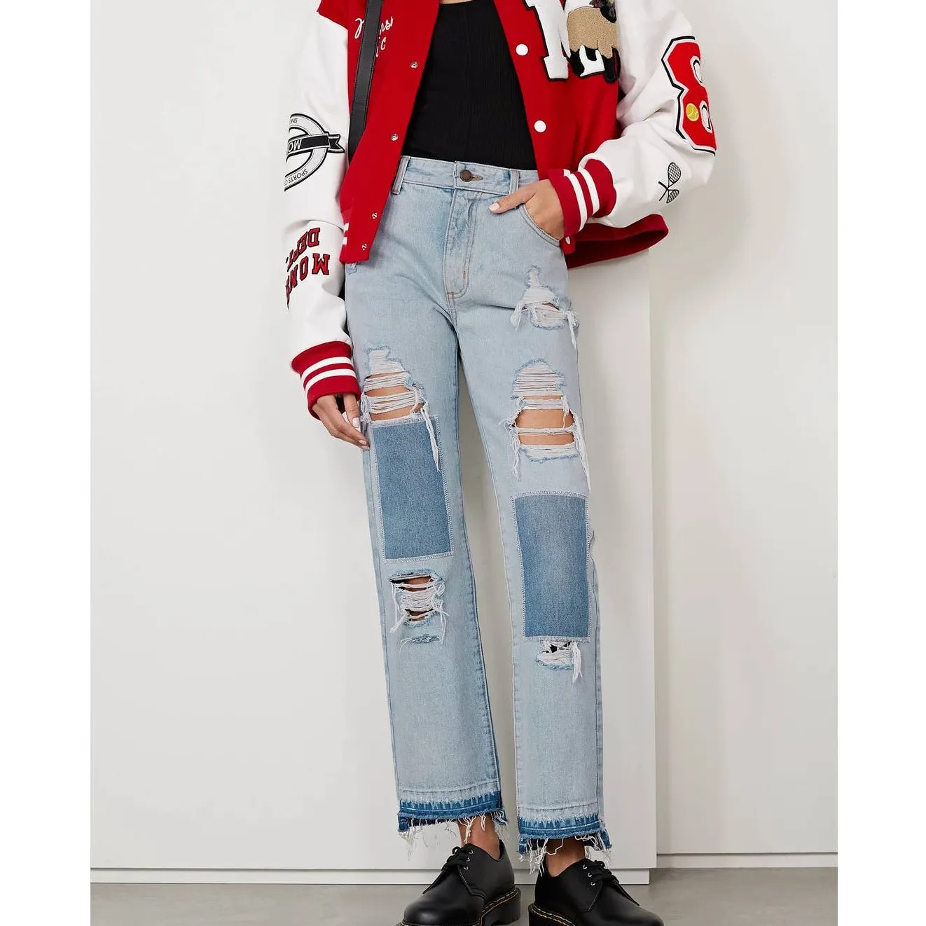 Monse Light Wash Distressed Patchwork High Rise Straight - Image 3