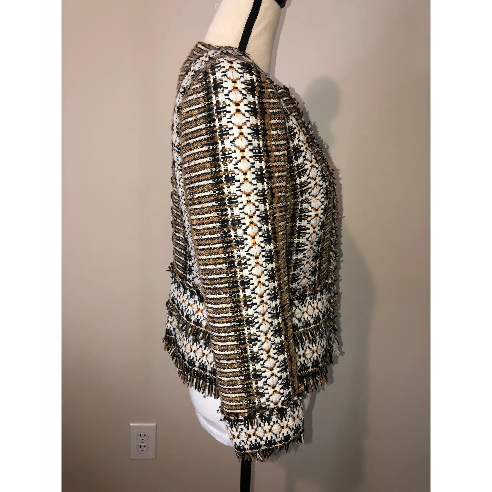 Tory Burch Jessica Tweed Jacket Size 6 Blazer Hidden Snaps Fringe Brown Black - Image 3