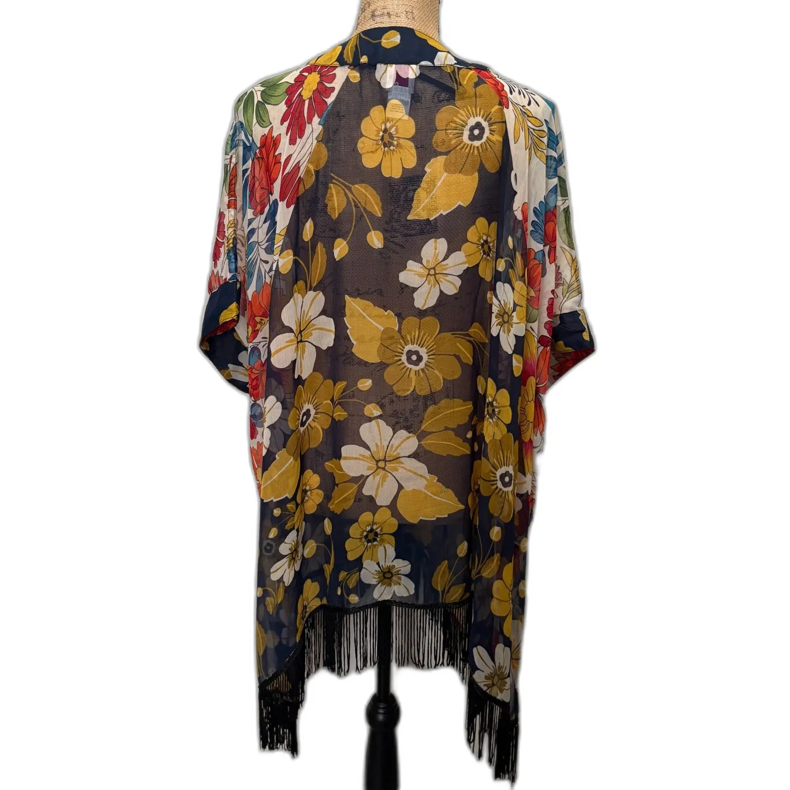 Kohls SO brand Dark Floral Kimono Sheer Open Front Fringe Trim Bohemian One Size - Image 3
