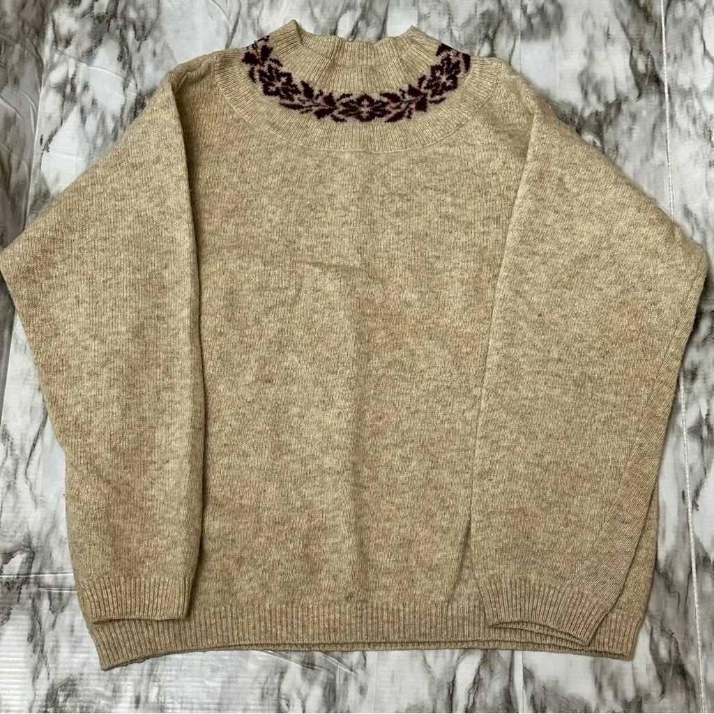 United Colors Of Benetton Oatmeal Pop Over Sweater Collar Pattern Cozy Cabincore - Image 3