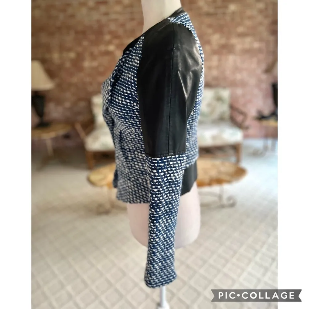 Zara Trafaluc Moto Jacket Tweed Tweed Faux Leather Blue Black XS Edgy Biker Chic - Image 7