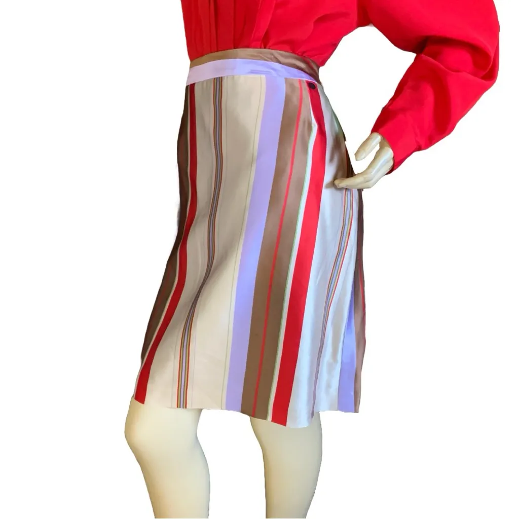 HARVE BENARD CREAM, BROWN, RED & VIOLET VINTAGE STRIPE SILK SKIRT NWT (12) - Image 4