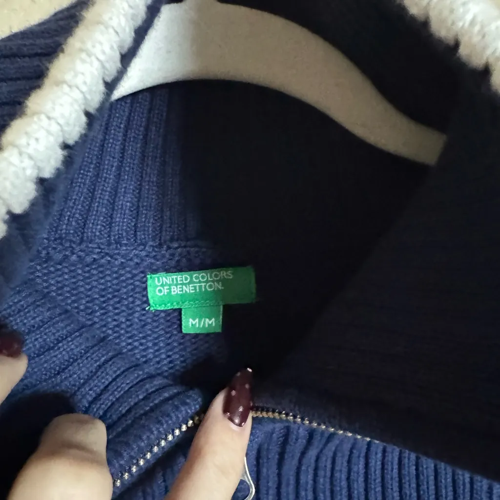 United Colors Of Benetton Striped Quarter-Zip Sweater Size Medium Navy White - Image 4
