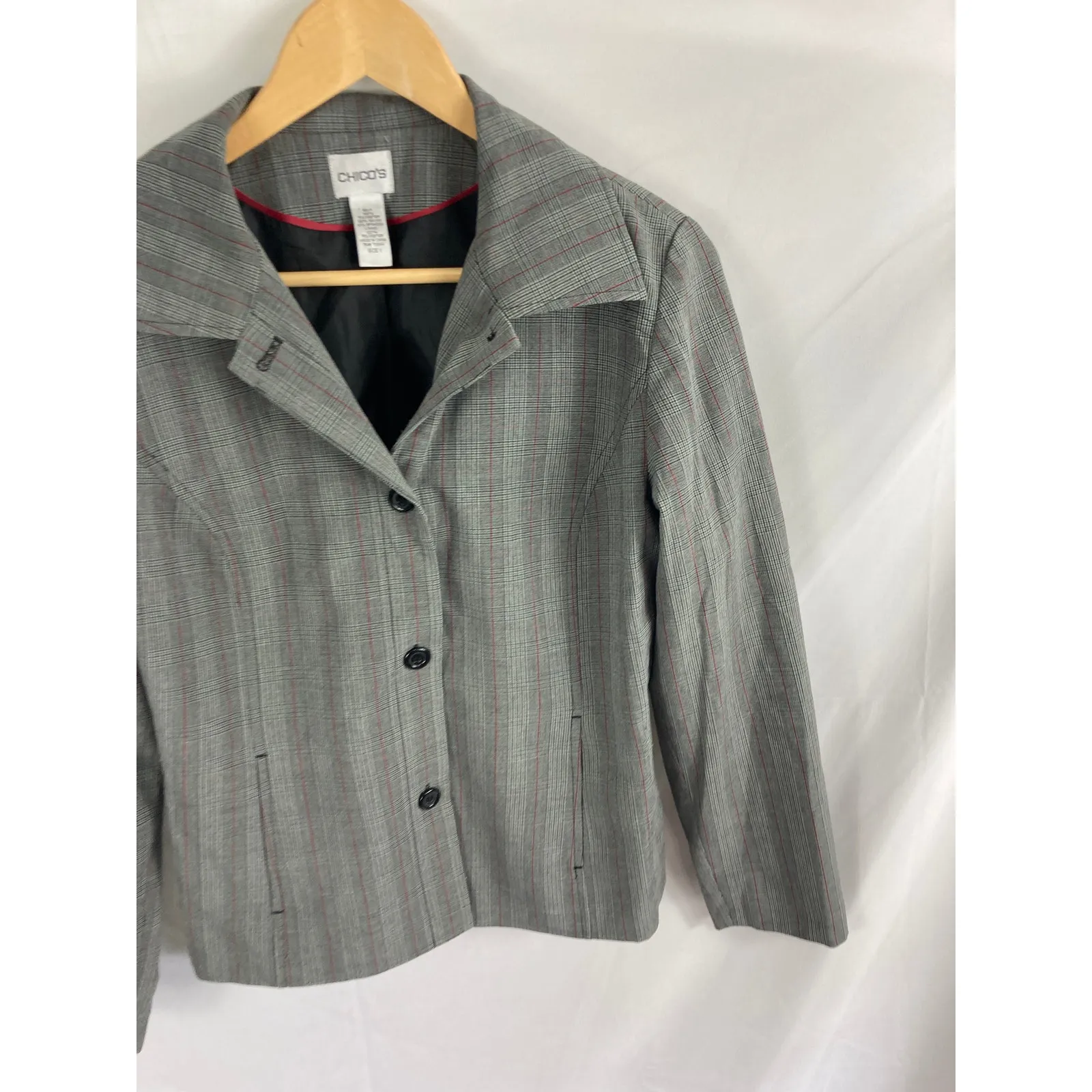 Chicos Button Up Plaid Blazer Jacket Grey Size 1 / Medium - Image 2