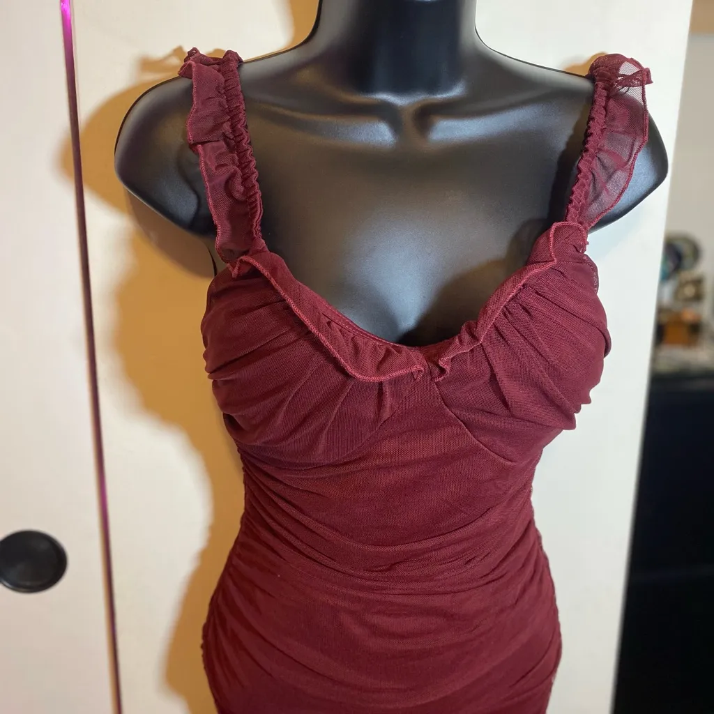 Crystal Sky Ruched Burgundy Sleeveless Mini Dress with Ruffle Straps XS Red - Image 5
