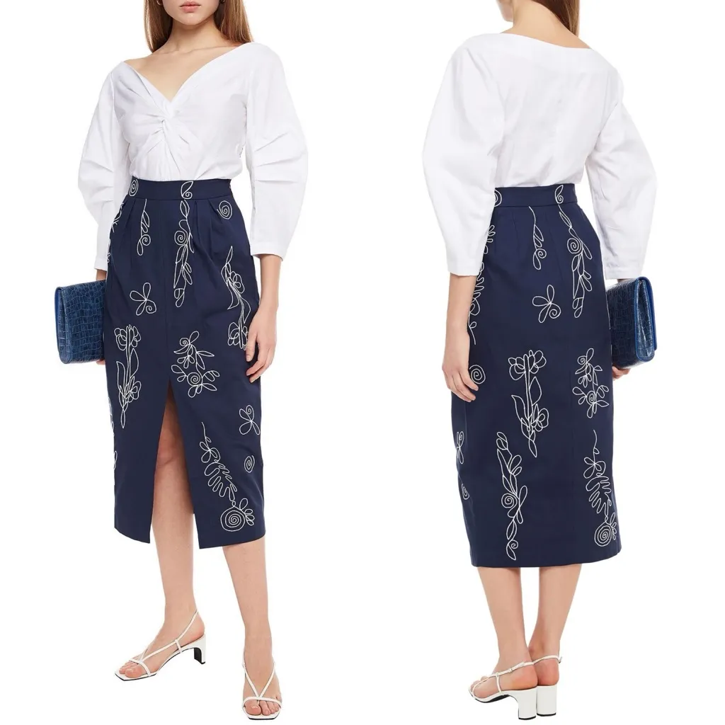 Mara Hoffman Florence Embroidered Navy Pencil Midi Skirt Size 0 Organic Cotton - Image 2