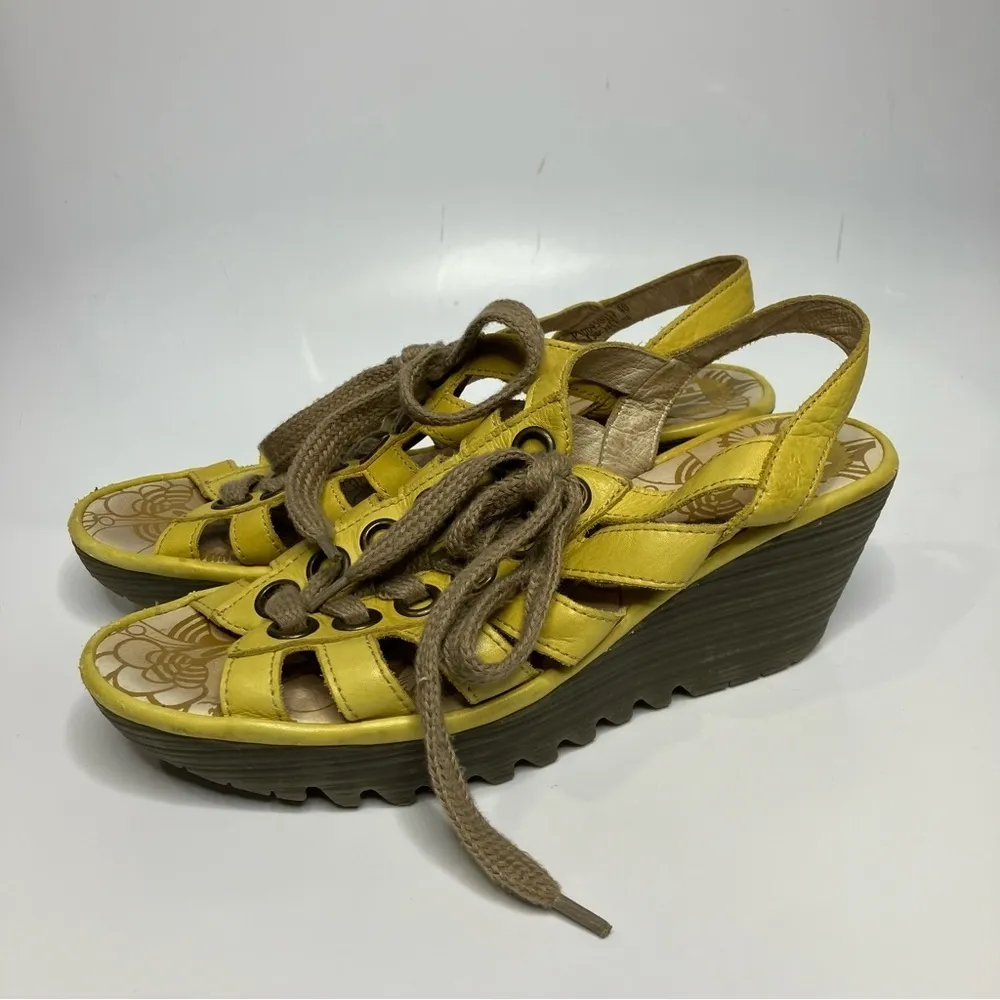 Fly‎ London Yito wedge lace up sandals yellow leather size 40 - Image 7
