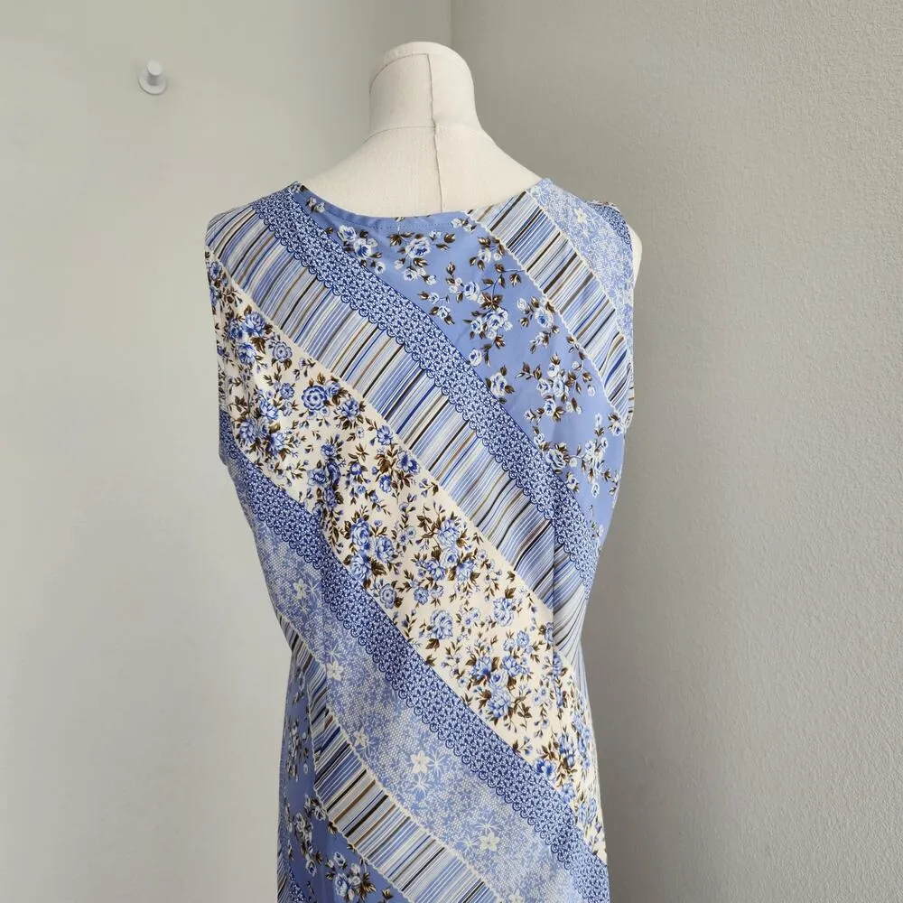 Vintage Dressbarn Blue Floral Diagonal Striped Sheath Sleeveless Maxi Dress M - Image 9