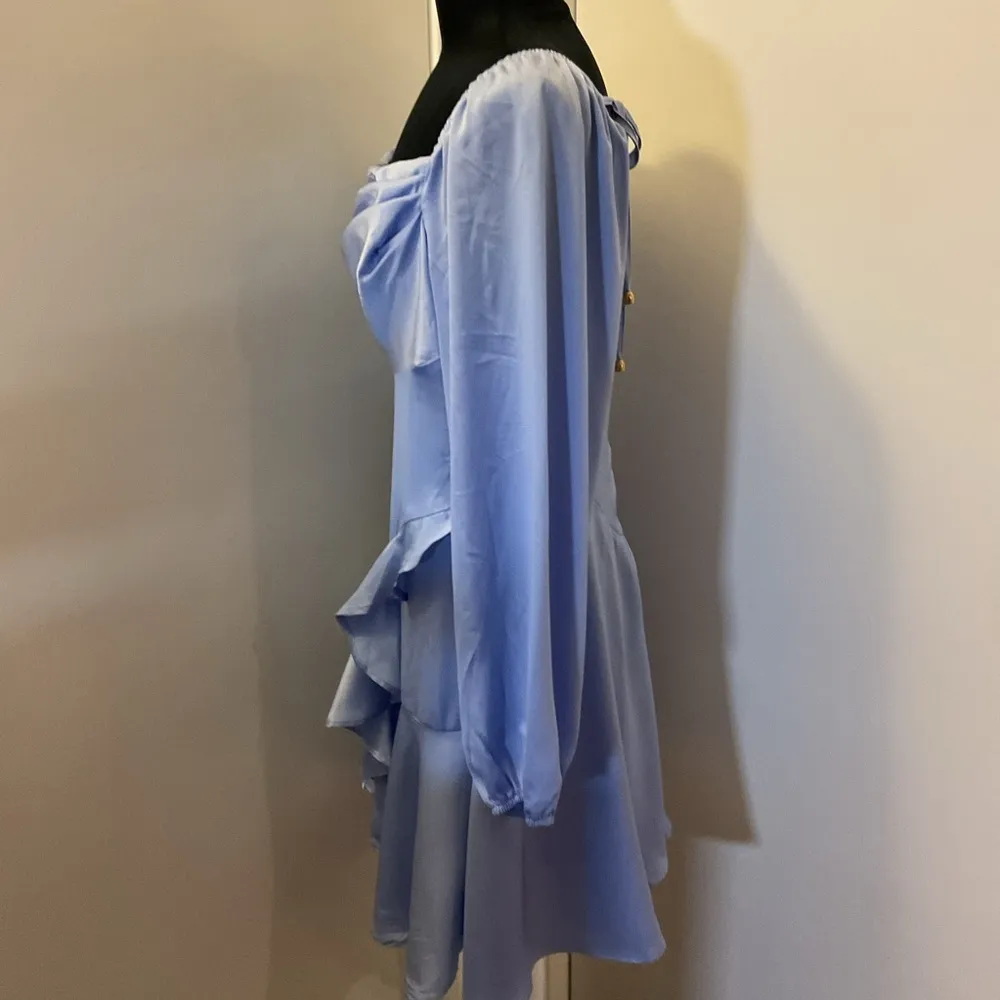 6. SHEIN Baby Blue Asymmetrical Balloon Sleeve Short Dress With Ruffle Trim SZ L - Image 6