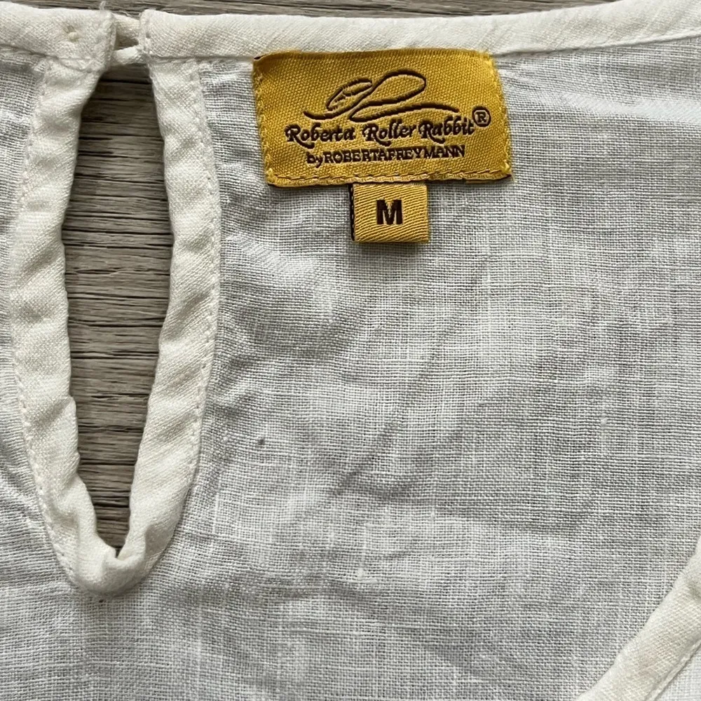 Roberta Roller Rabbit  Linen Embroidered Boho Blouse | White/Blue | Medium - Image 5