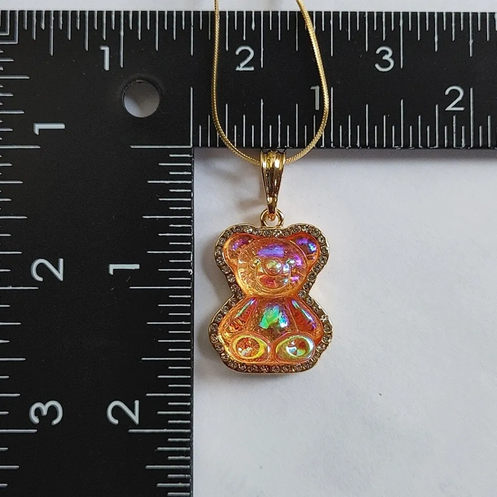 Iridescent Peach Acrylic Teddy Bear Pendant on Chain Necklace New Orange - Image 6