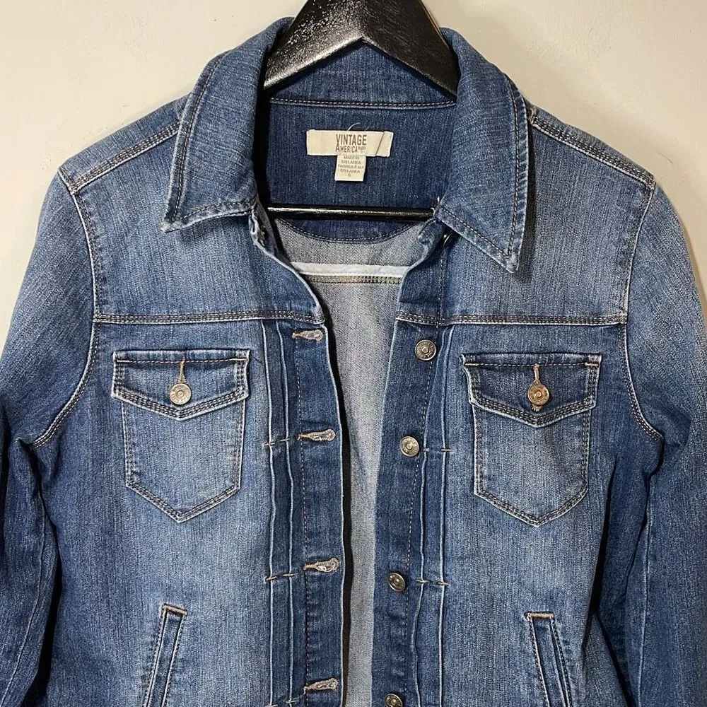 Vintage America Blues Womens Jean Jacket Button Up Denim Pocket Crop Blue Small - Image 2