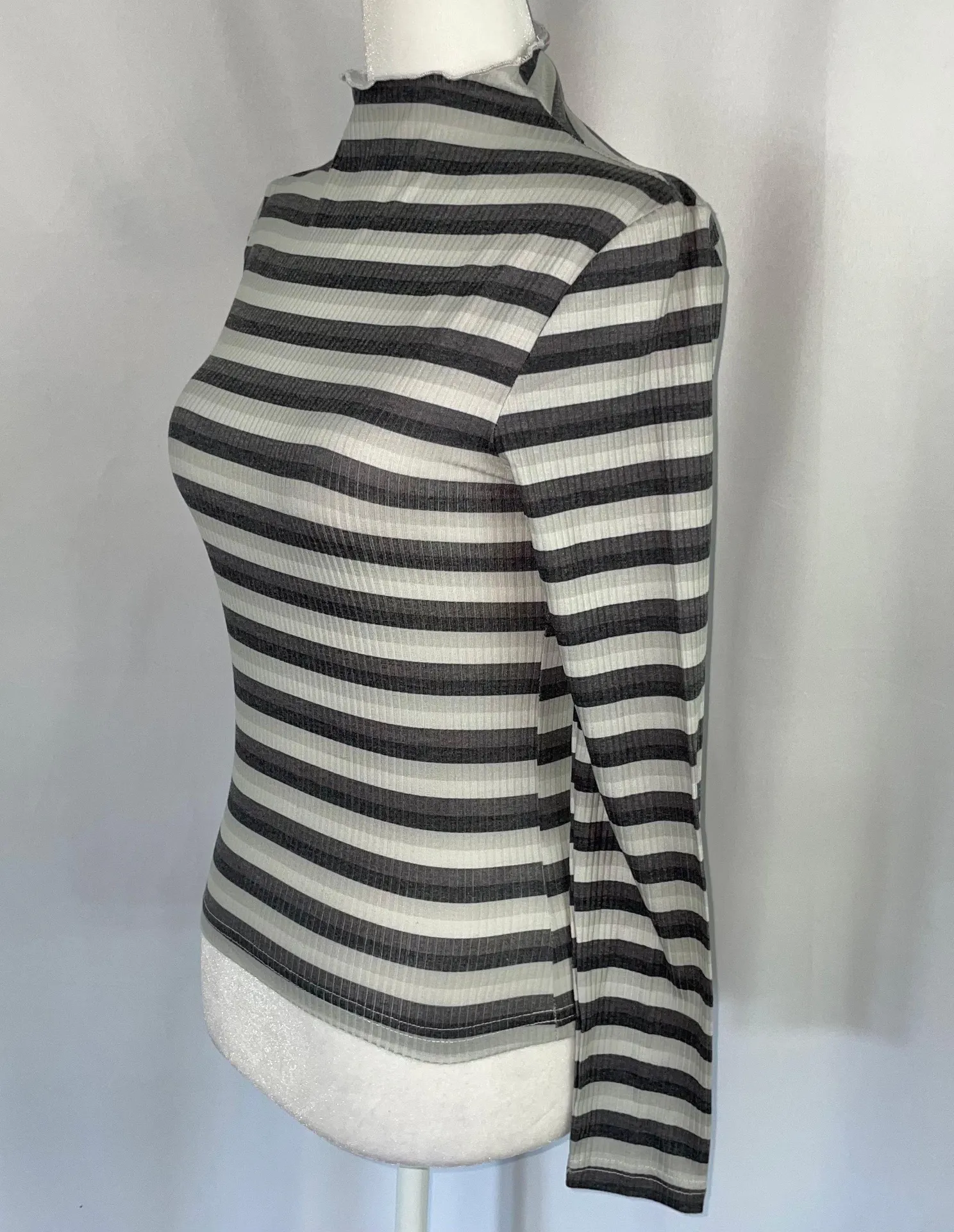 New  Striped Ribbed Mock Neck Long Sleeve Top Grey Multi - Image 7