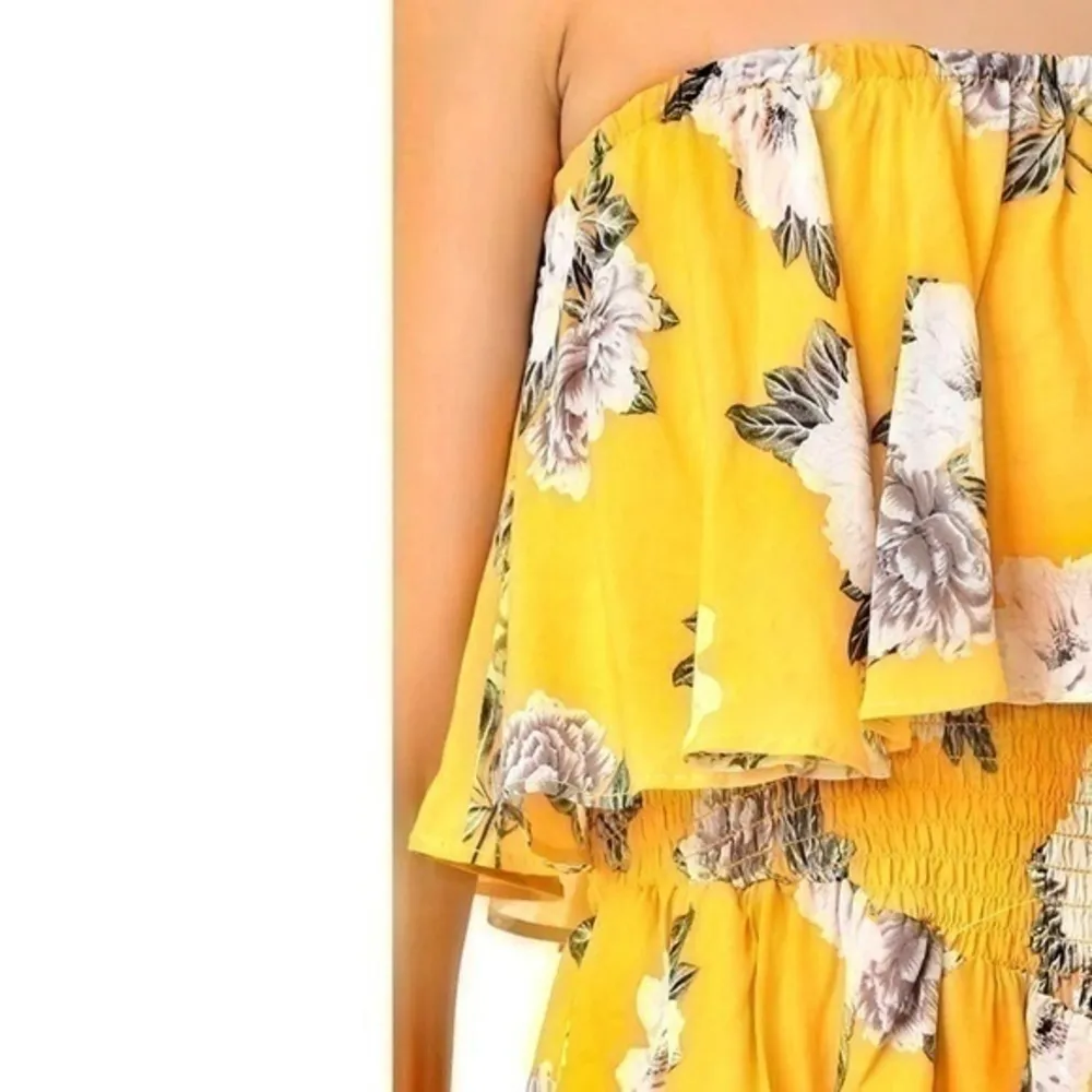 MinkPink Size M Yellow Floral Strapless Smocked Top Mini Dress Cover Up - Image 5