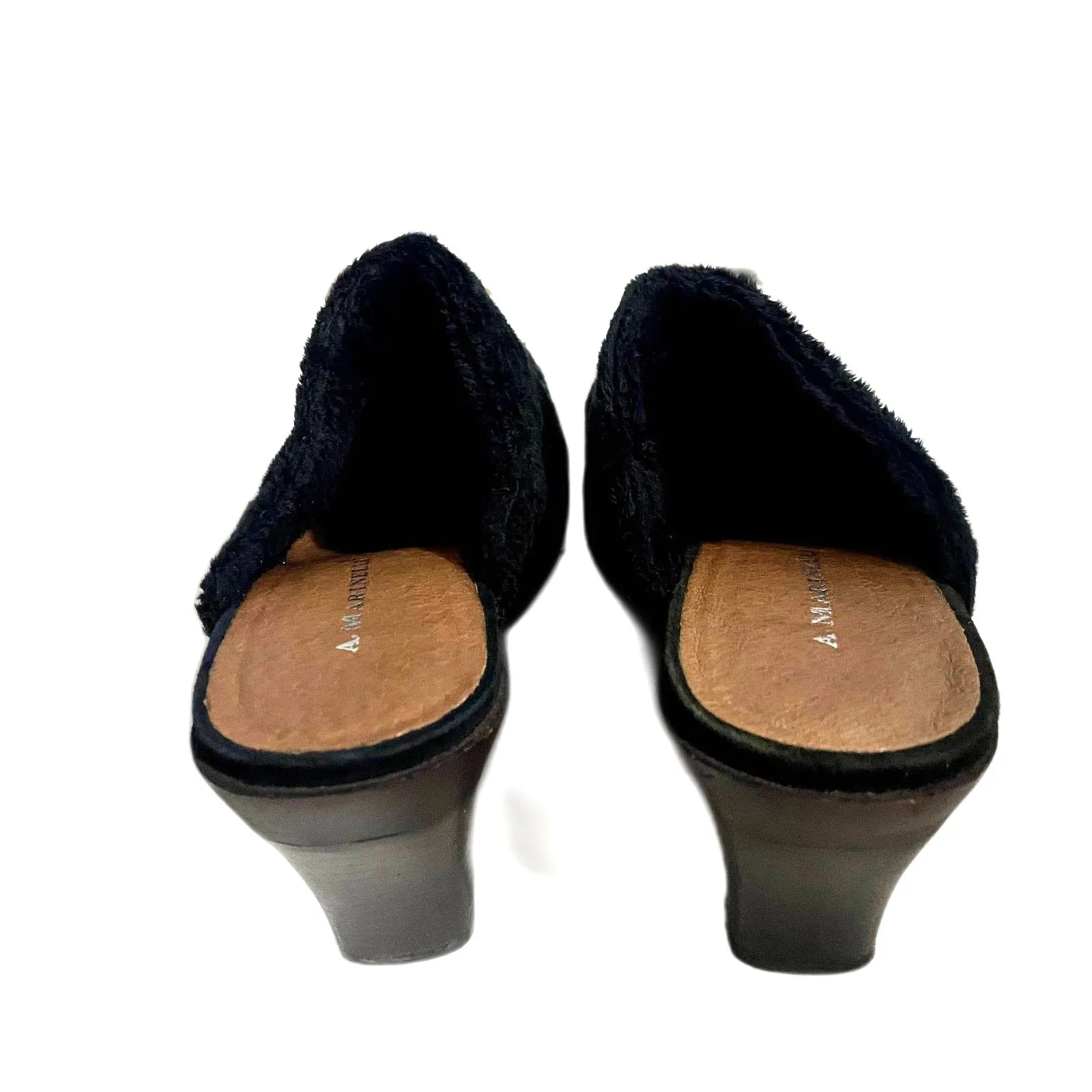 A. Marinelli Black Whipstitch Suede Mule‎ Heels Faux Fur Lined Size 8.5 - Image 3
