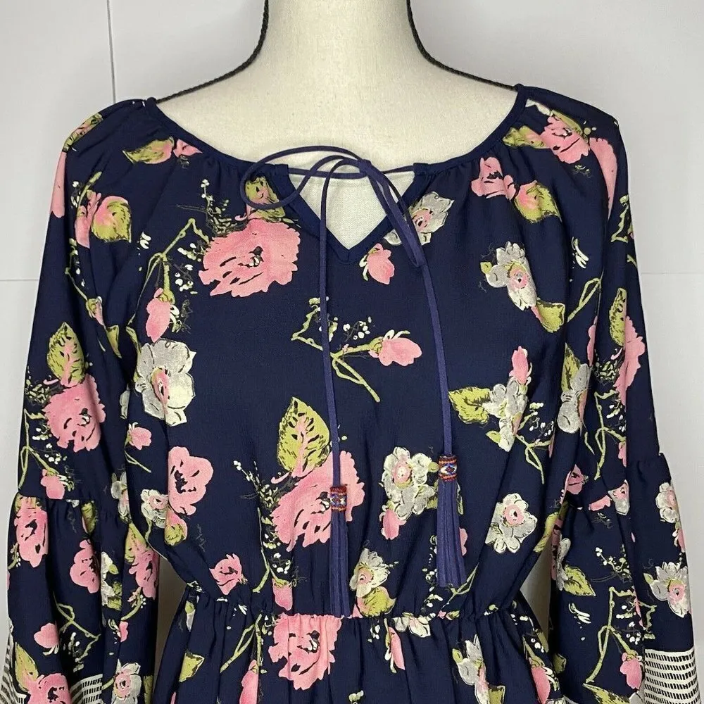 Le Lis Stitchfix Sz Small A-Line Cinch Waist Dress Navy Floral Tie Neck - Image 2