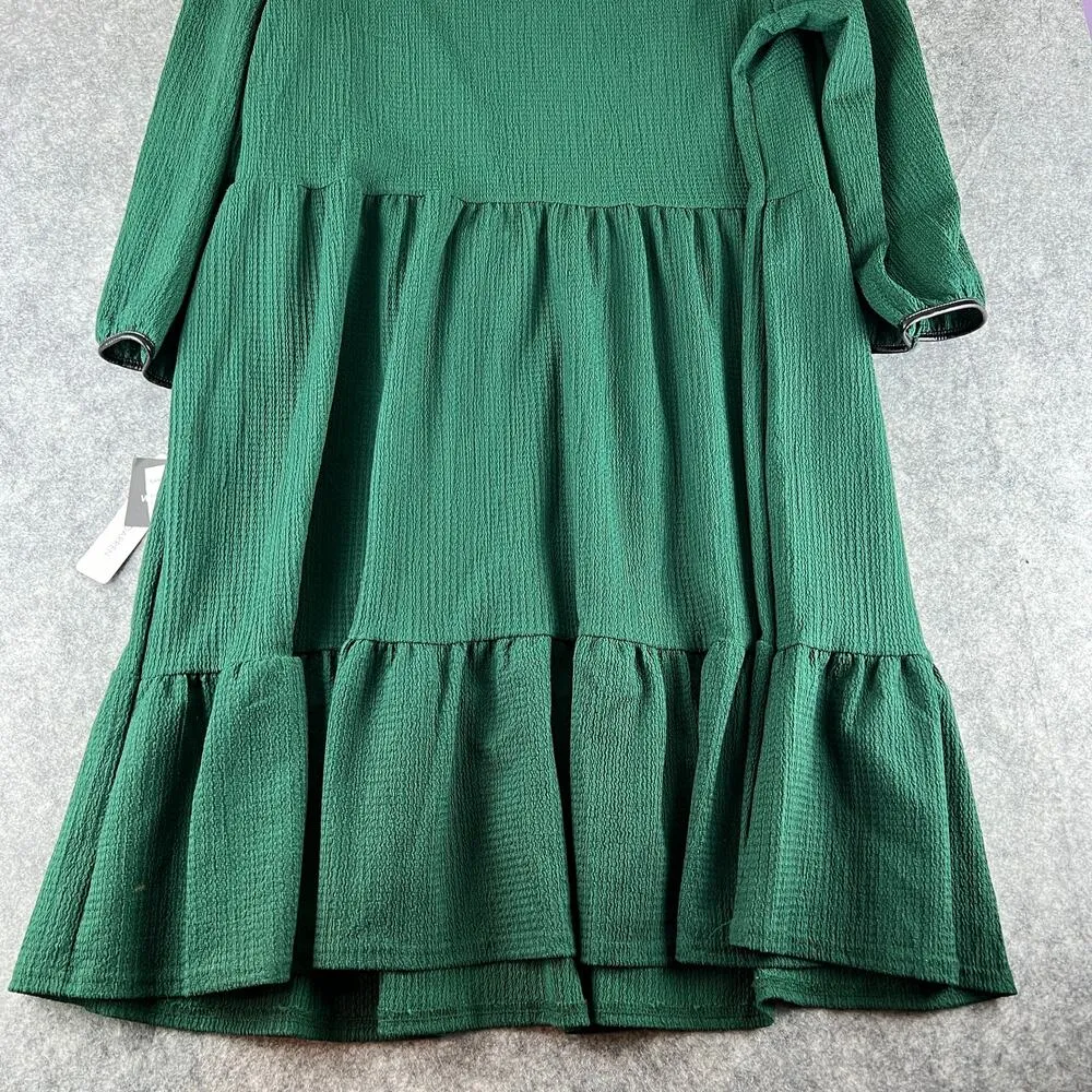 NWT Sandra Darren textured Hunter Green Tiered Long Sleeve Dress blk trim Size L - Image 7