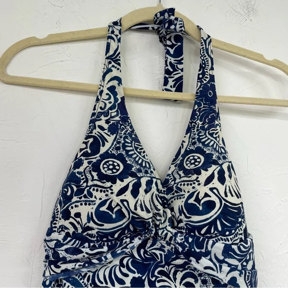 Lauren Ralph Lauren Blue & White Floral Print Halter Tankini Swimsuit Top 10 - Image 4