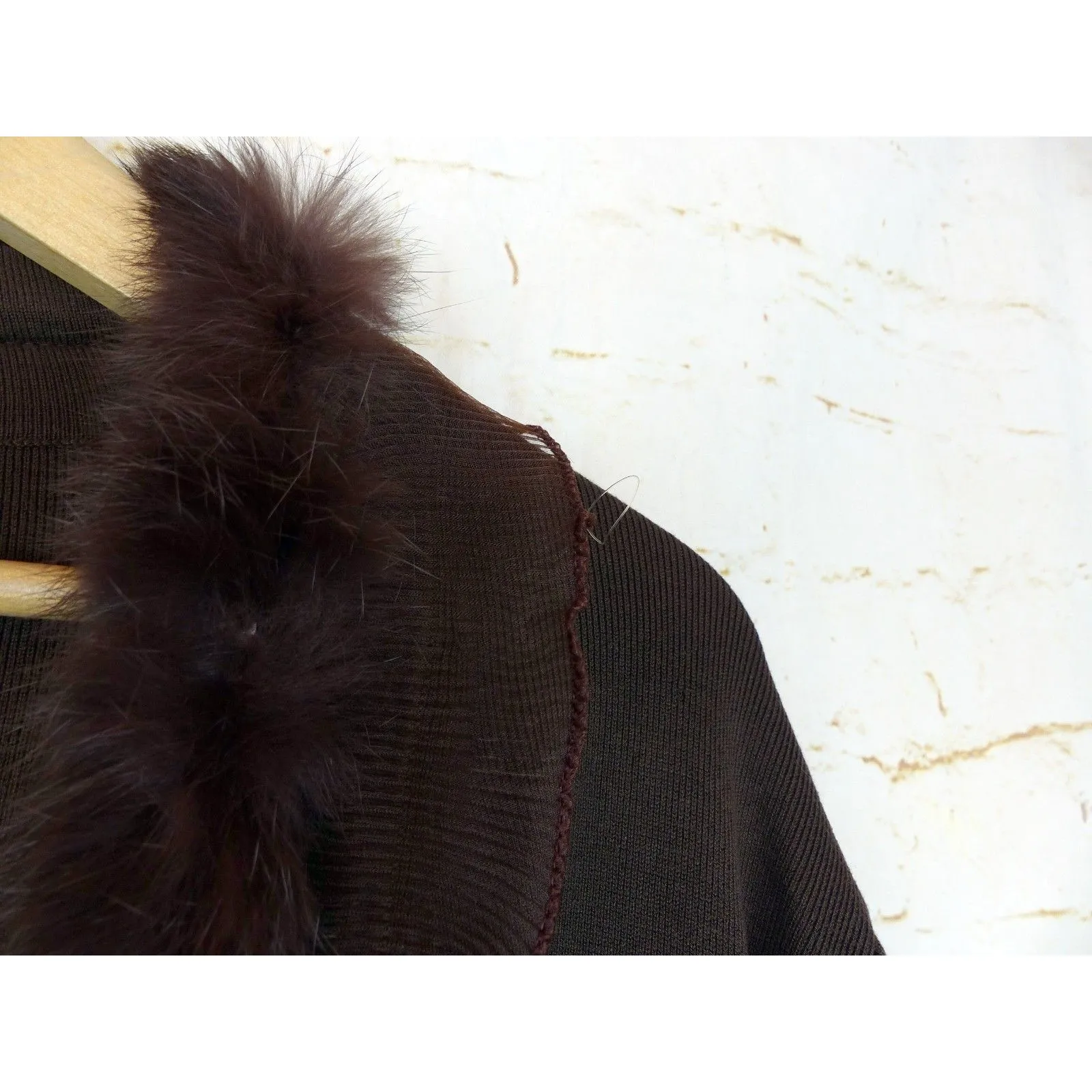 VTG Joseph A. Cardigan Women XL Brown Silk Blend Faux Fur Trim Crop Sweater Y2K - Image 6