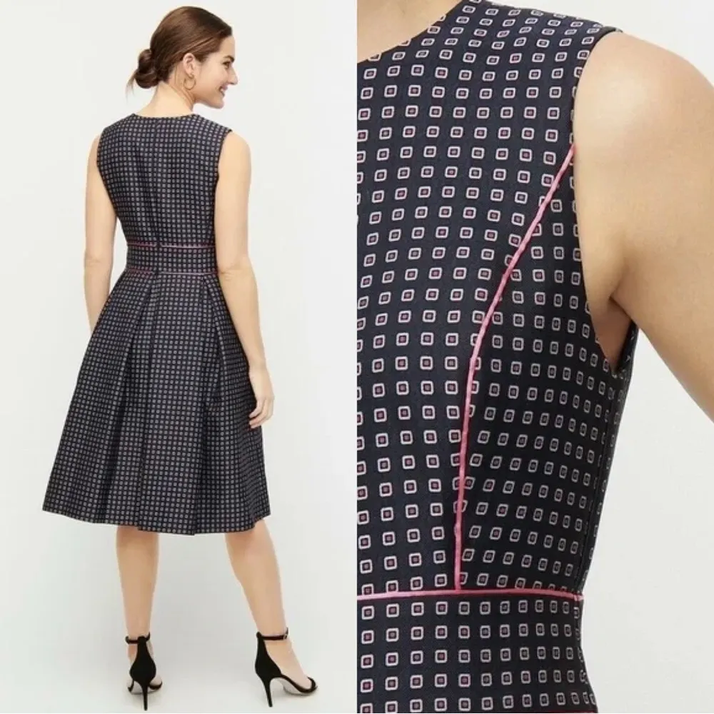 J Crew • Pleated Full-skirt Jacquard Dress navy blue pink dotted cocktail party - Image 14