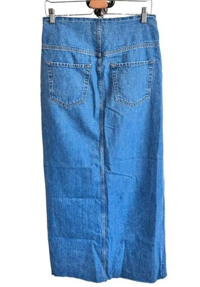 FRAME Sea Cut Off Waist Maxi Jean Denim Skirt Raw Hem‎ Blue Front Slit 26 - Image 3