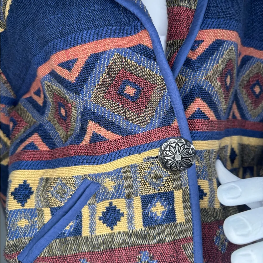 New Identity Blue and Red Geometric Blazer with Open Front Western Style. Size L - Image 6