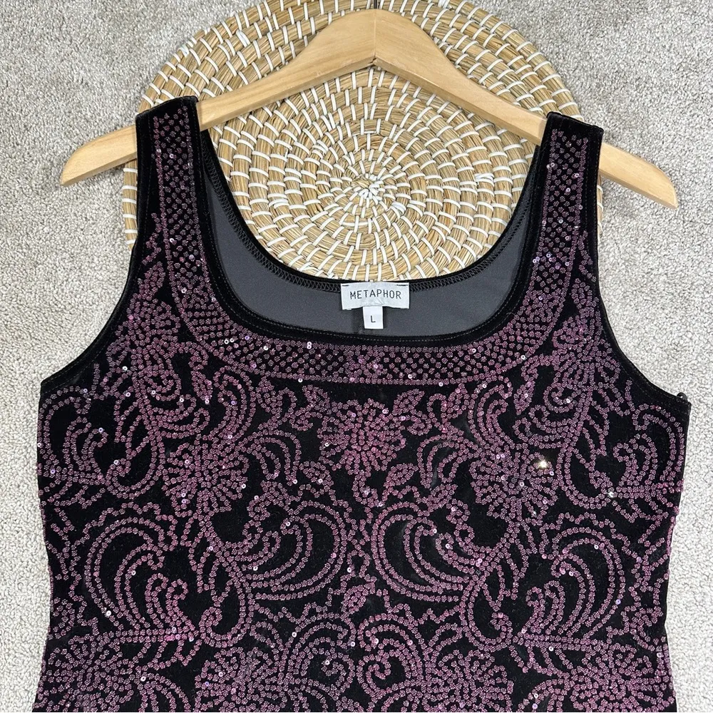 Metaphor Black Purple Sparkly Beaded Sequin Pattern Tank Top Velvet Whimsigoth L - Image 2